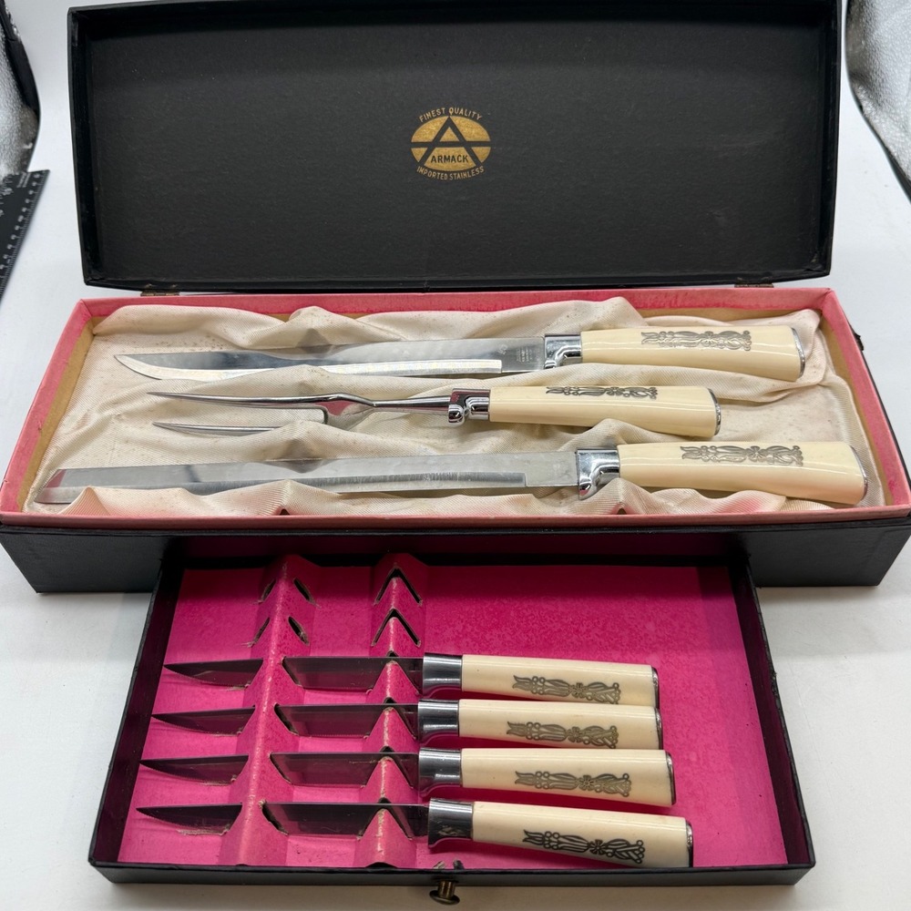 Vtg Armack Solingen Germany Stainless Steel Carving & Steak Knife Set 7pc Box